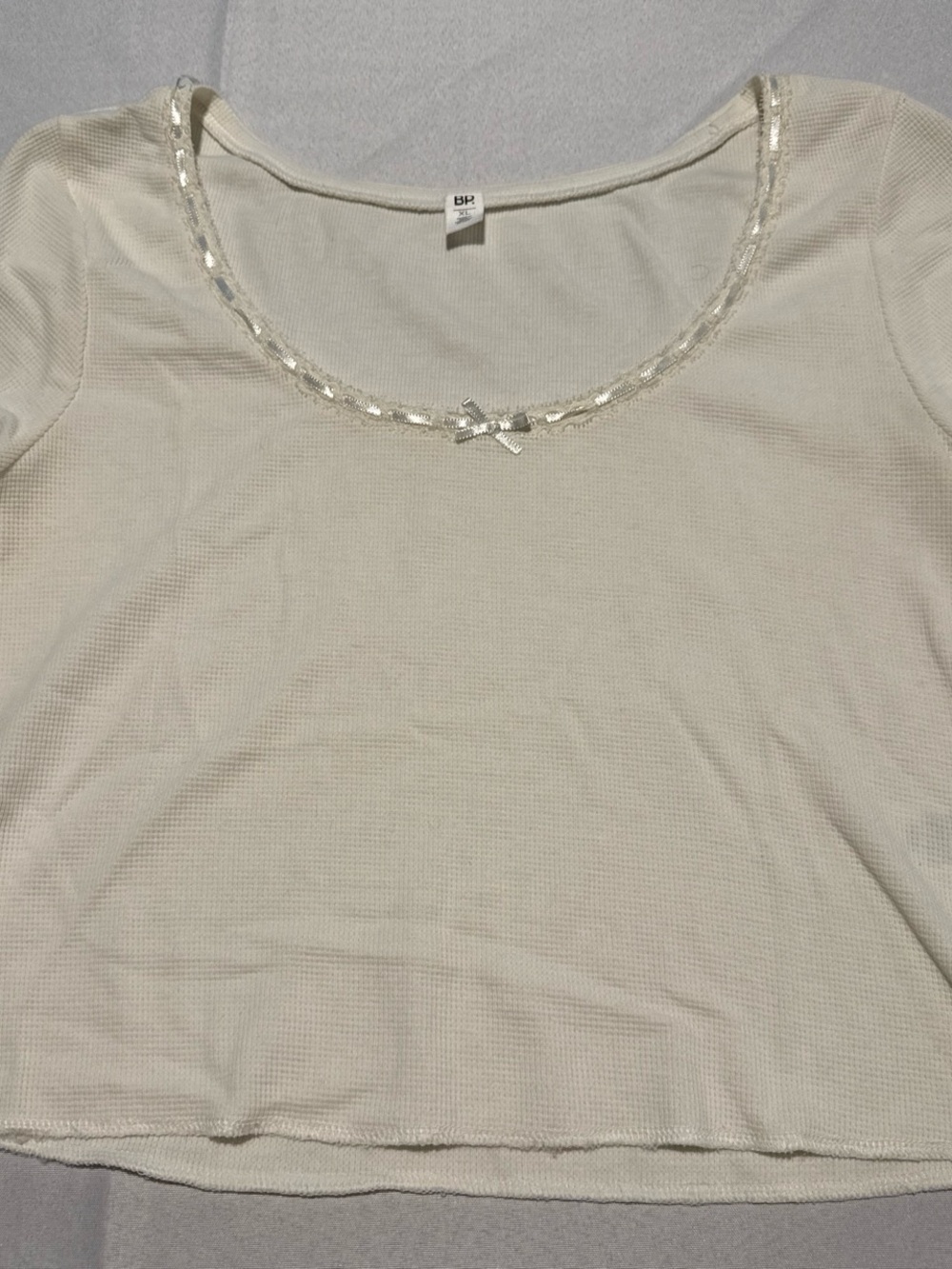 bp Cream Long Sleeve Scoop Neck Top with Sequin Trim and Bow